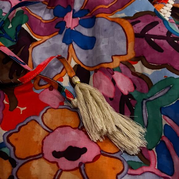 THML Abstract Floral Print V-Neck Dress Tassels  Ruffle Cap Sleeve Boho Size M - Picture 5 of 7